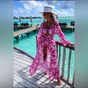 Bohemian Pretty in Pink Elegant Swimsuit Coverup Kimono Dress